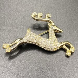 Monet Rhinestone Reindeer Brooch Christmas Winter Gold Tone